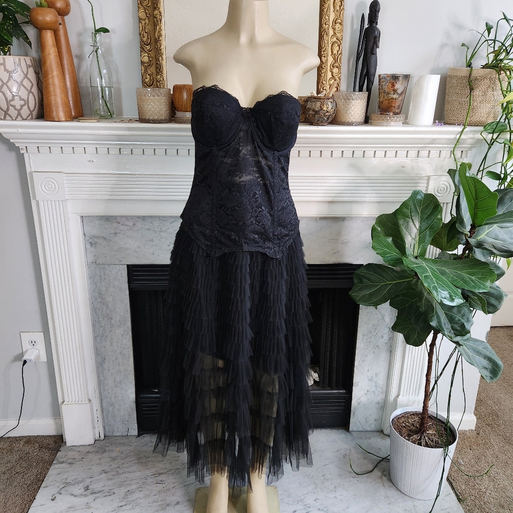 Vintage 90s Goddess Black Lace Bustier Hook Eye Boned Sheer Size 38C - Picture 2 of 8